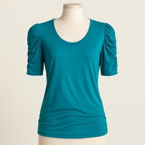 ANN TAYLOR Ruched Puff-Sleeve Tee – Teal – Size M